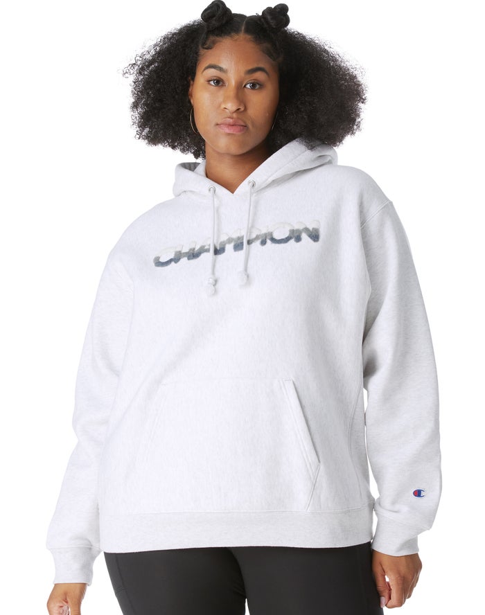 Champion Womens Hoodie NZ - Plus Reverse Weave Ombre Chenille Applique Grey ( 9538-WUDQY )